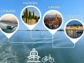 Esplora il mare del Friuli Venezia Giulia: Lignano, Aquileia, Grado e Trieste. Icone di nave e bici suggeriscono itinerari.