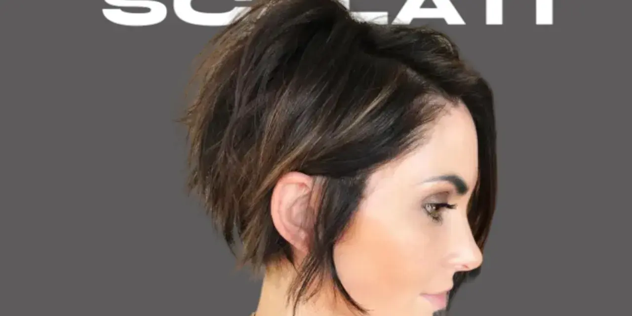 Modello con un audace taglio scalato medio corto, che incornicia il viso con ciocche texturizzate e un tocco di balayage.