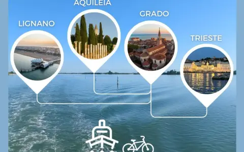 Esplora il mare del Friuli Venezia Giulia: Lignano, Aquileia, Grado e Trieste. Icone di nave e bici suggeriscono itinerari.