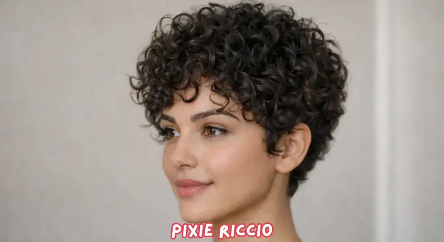 Tagli capelli corti ricci sbarazzini, un pixie cut voluminoso e definito che incornicia il viso con naturalezza.