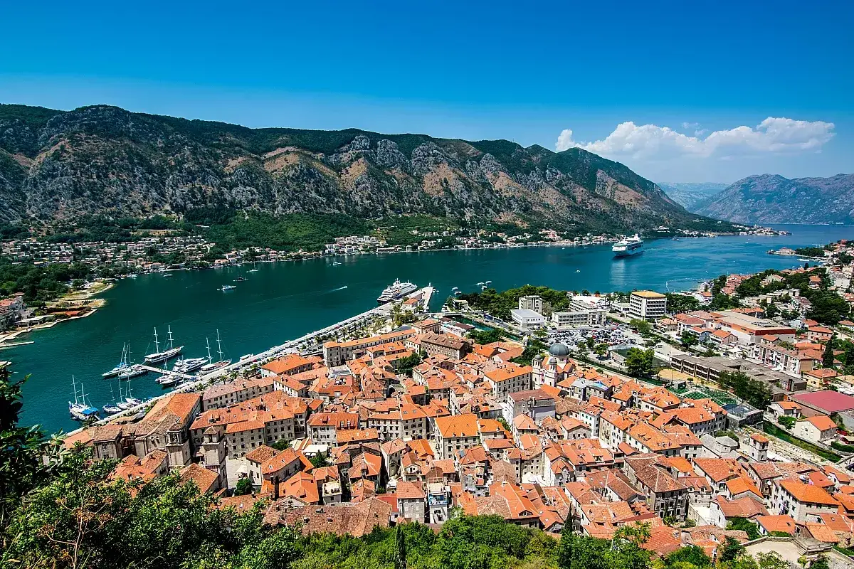 Panoramica delle bocche di Cattaro con la città storica, il porto con yacht e navi da crociera, circondata da montagne verdi e un mare azzurro.