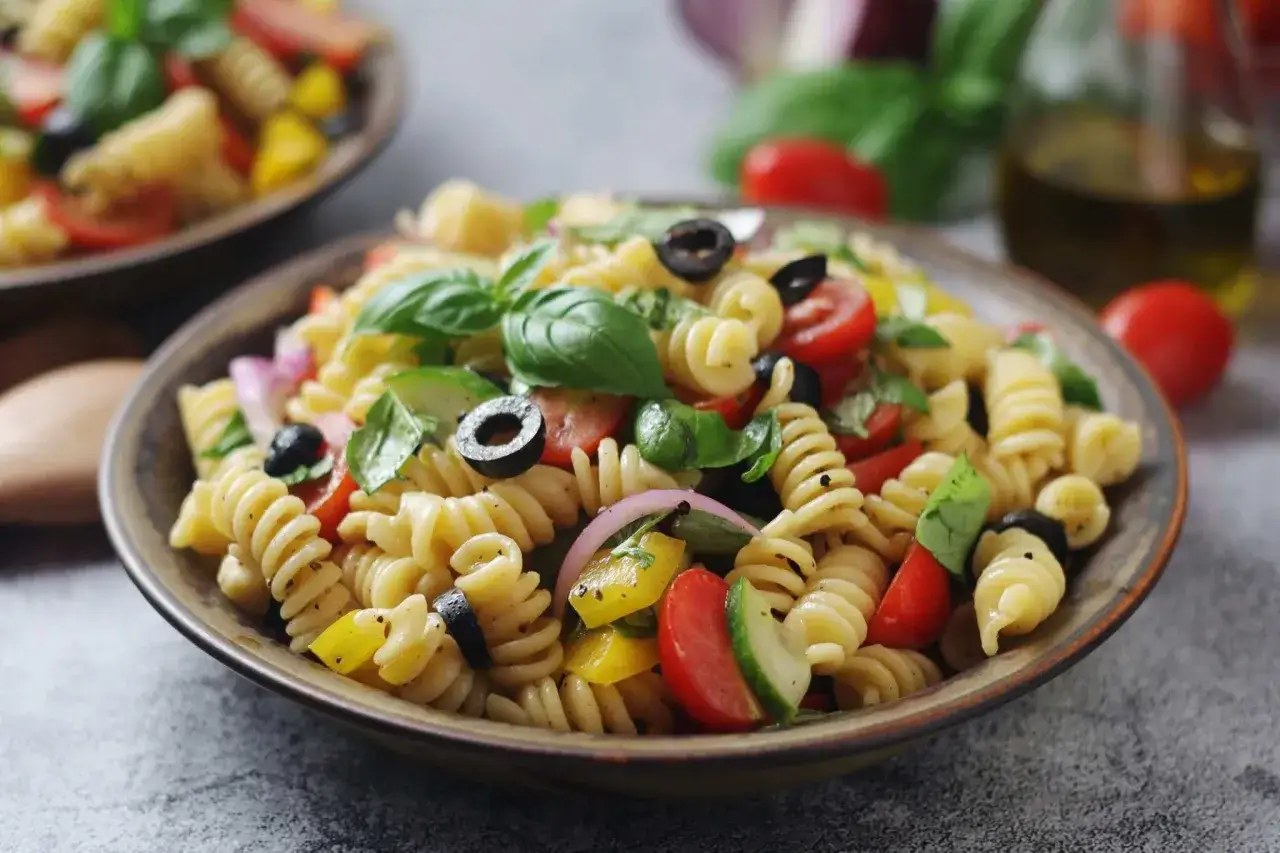 Insalata di pasta colorata con pomodorini, olive, peperoni e basilico fresco. Perfetta per le tue ricette insalata di pasta estive.