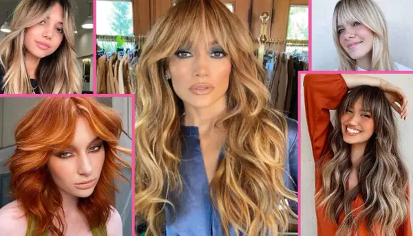 Cinque donne con capelli lunghi e mossi, alcune con una frangia a tendina che incornicia il viso, sfoggiano look diversi.