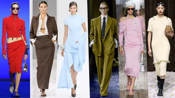 Moda estate 2024 donna: abiti audaci rossi, completi eleganti marroni e azzurri, tailleur verdi e vestiti rosa e crema.