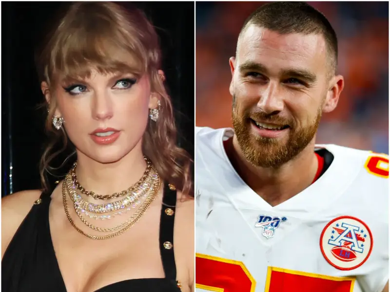 Taylor Swift e Travis Kelce, il suo futuro marito, sorridono in questa immagine divisa.